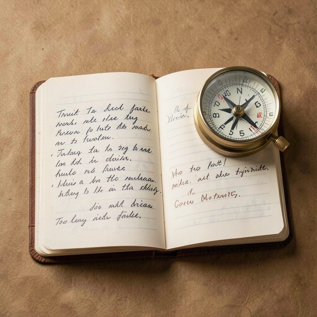 An open notebook with handwritten travel notes beside a compass on a textured tan background, earthy browns and muted gold