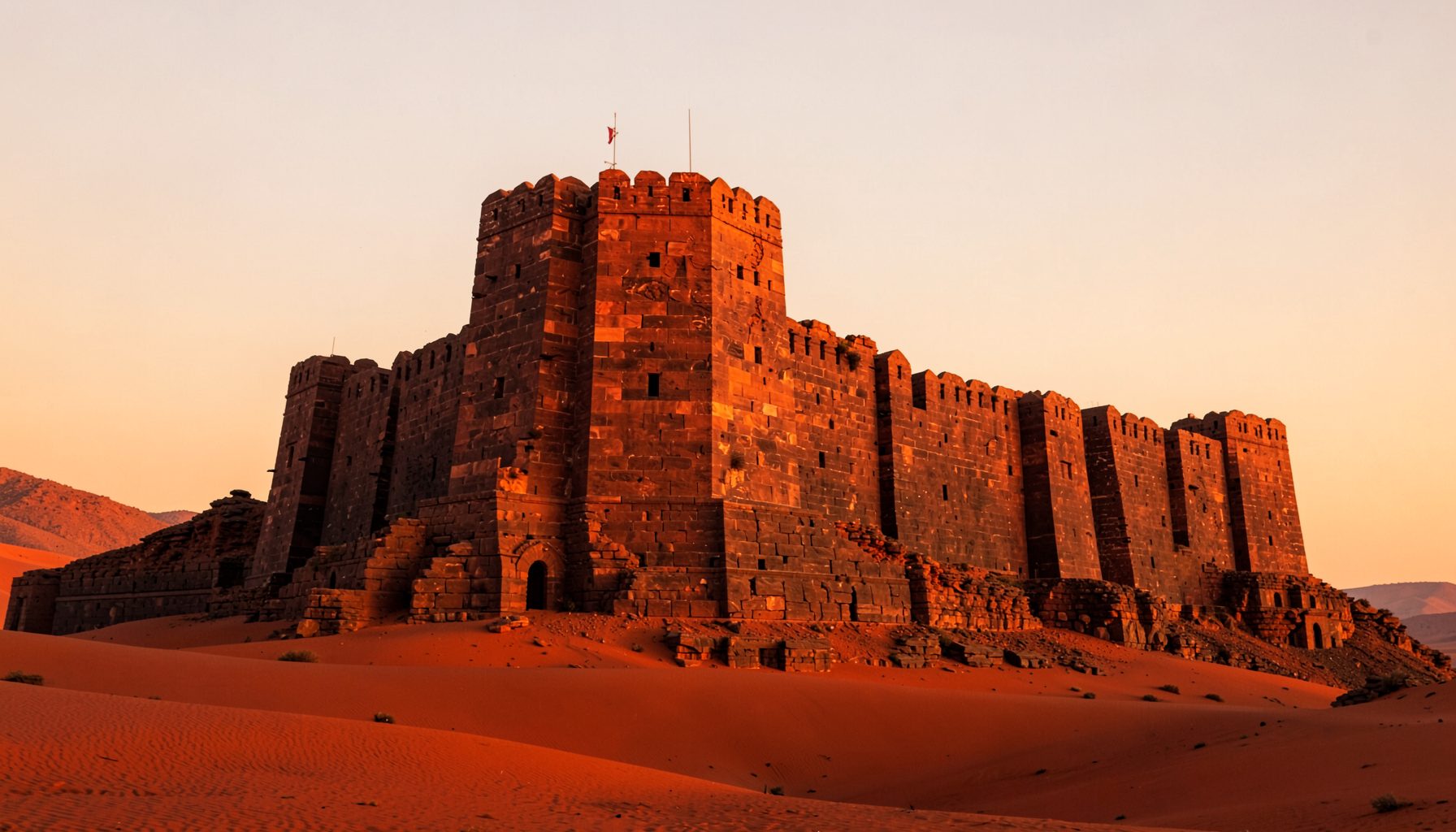 A majestic sandstone fort rising from the Thar Desert at golden hour, warm oranges and deep reds glowing against a pale sky