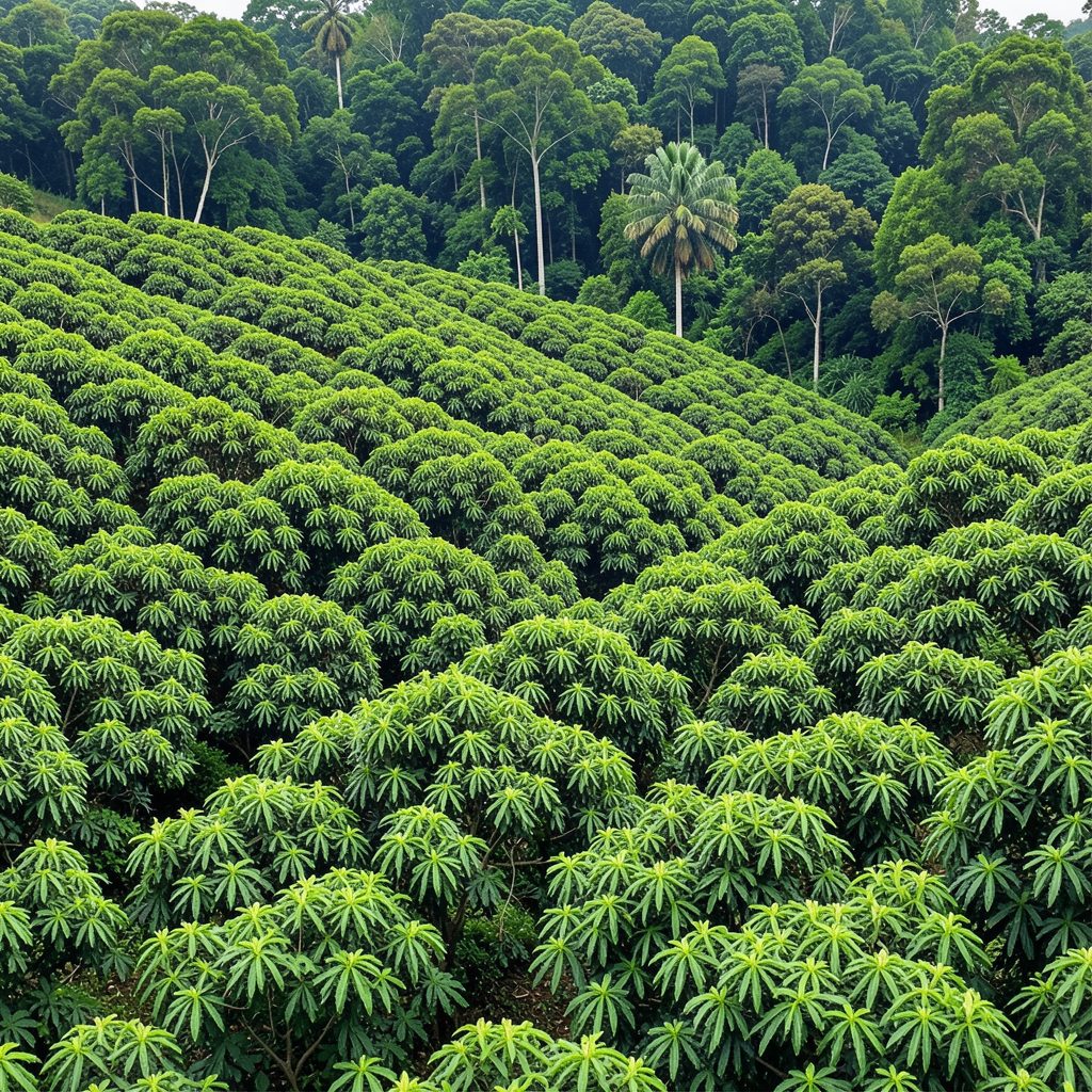 Aerial view of terraced green crop rows on a hillside bordered by dense forest, lush green tones