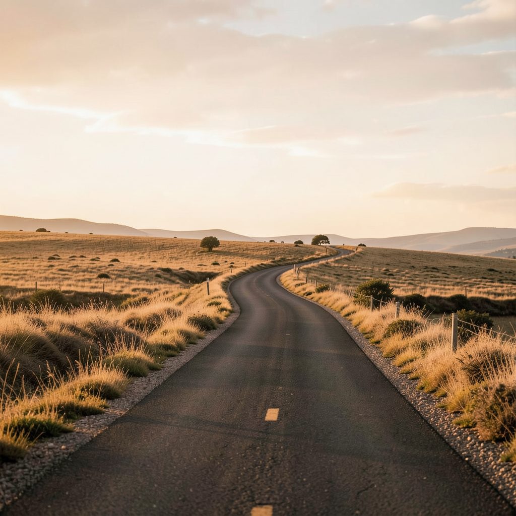 A warm, sunlit travel photograph with earthy tan and gold tones, showing a winding road through open countryside