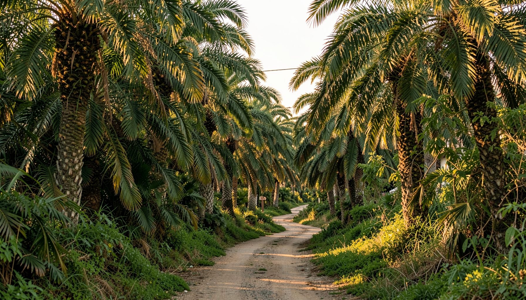 Dirt path lined with tall palm trees and green undergrowth, warm sunlight filtering through leaves