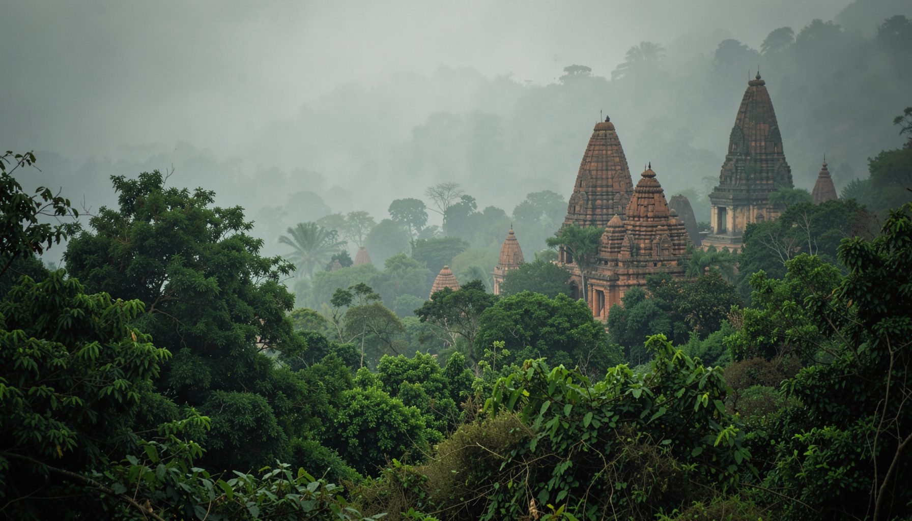 A misty green landscape in eastern India with terracotta temples peeking through dense foliage, moody and atmospheric