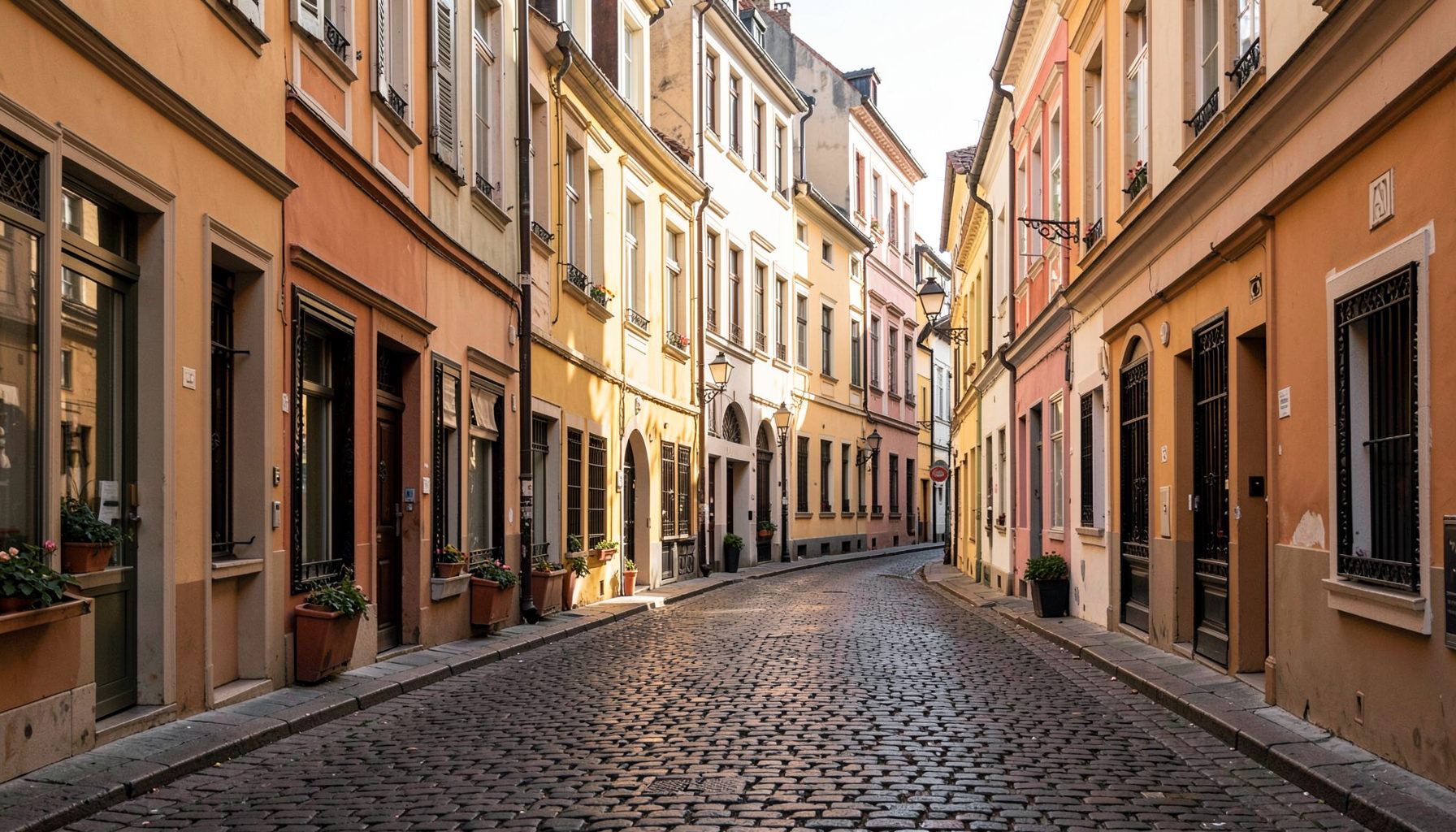 A charming European cobblestone street lined with colorful facades, warm ochre and cream tones, soft afternoon light casting gentle shadows