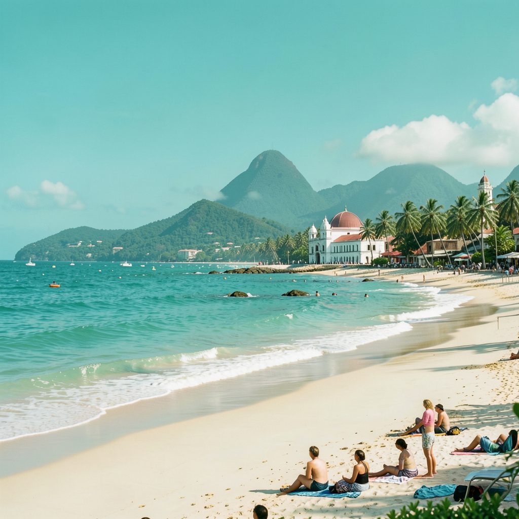 A curved sandy beach with turquoise water, distant green mountains, a white domed building, and palm trees