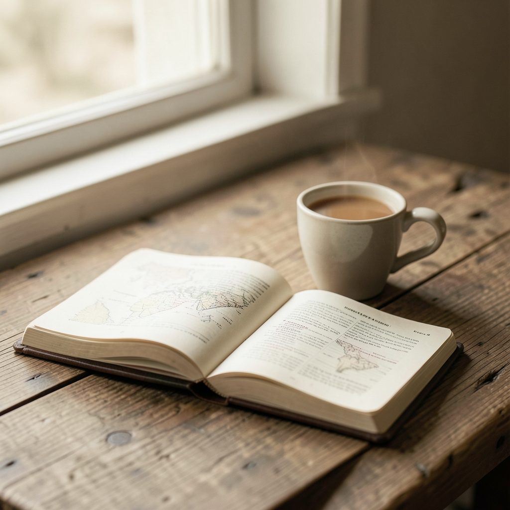 A travel journal and a cup of chai on a rustic wooden table, warm sepia and cream tones, soft natural light from a nearby window.