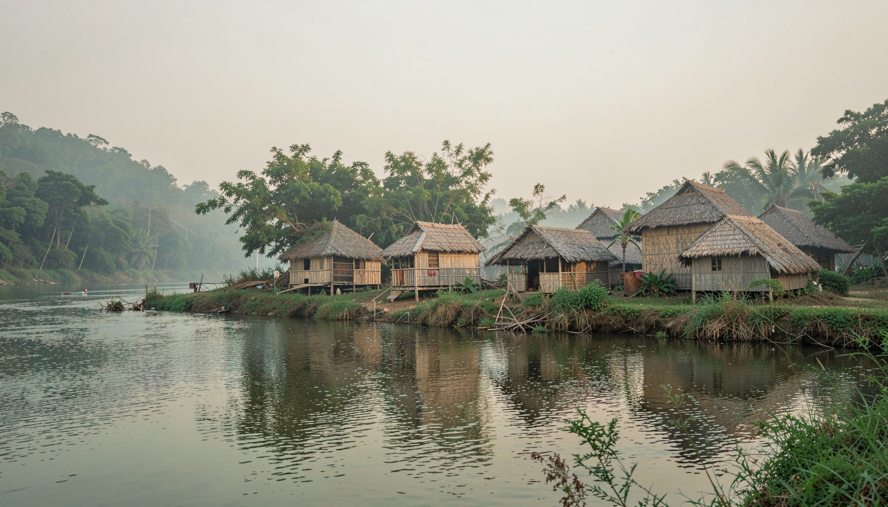 Row of thatched-roof stilt huts along a calm river, surrounded by misty green trees, muted earth and green tones